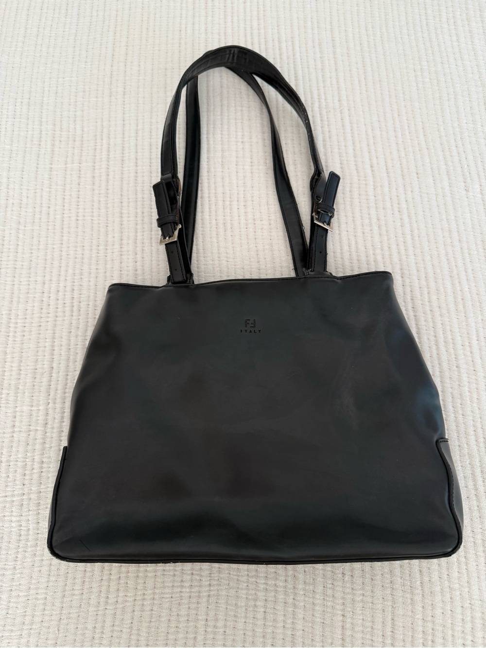 Vintage Black Genuine Leather Tote Purse - Italy Made, Buckle Straps
